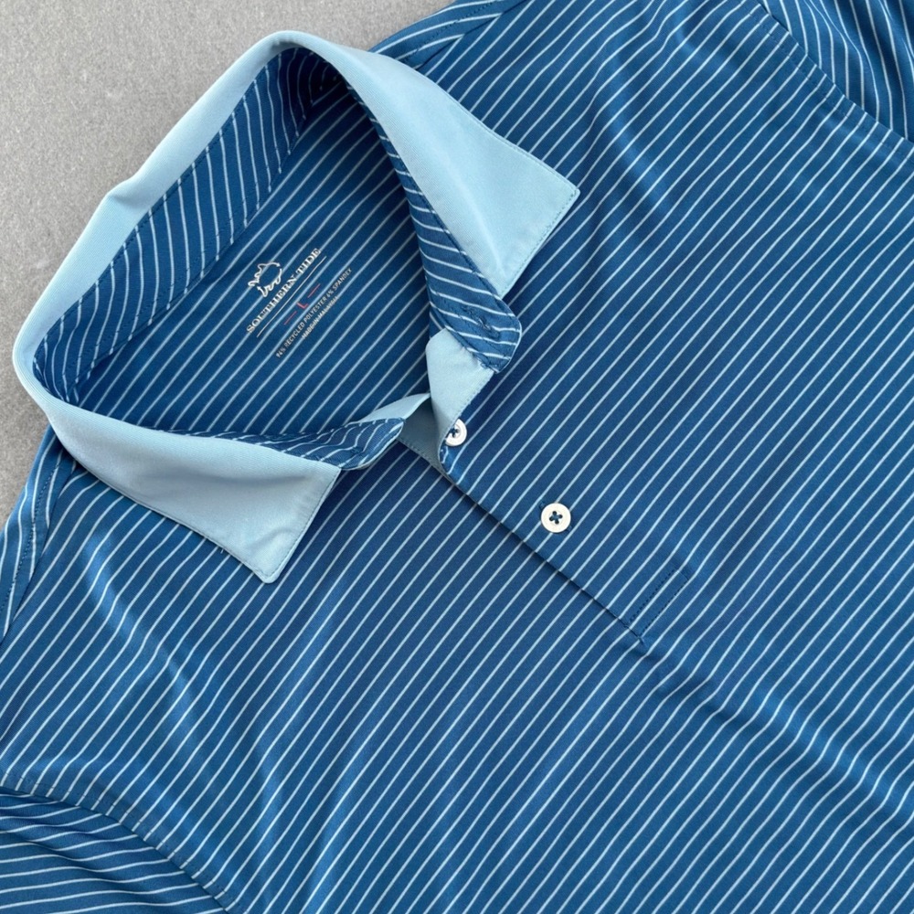 Southern Tide Men Large Blue Striped Performance Polo Shirt Short Sleeve Stretch